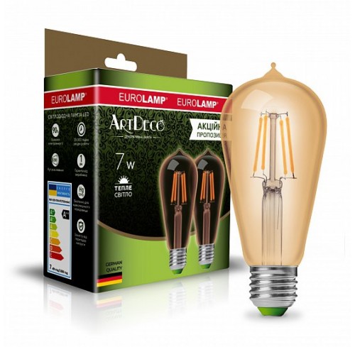 Лампа LED EUROLAMP Filament-ST64 7W E27 2700K 1+1