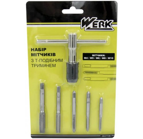 Набір мітчика з Т-подібним тримачем 6од. 4*0,7 5*0,8 6*1,0 8*1,25 10*1,5мм (122730)