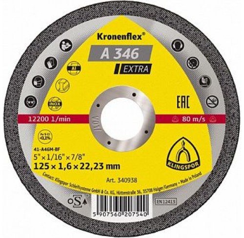Круг відрізний по мет,125*1,6*22мм А346 Extra Inox Klingspor (340938)