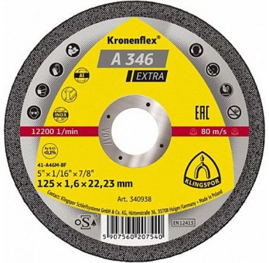 Круг відрізний по мет,125*1,6*22мм А346 Extra Inox Klingspor (340938)