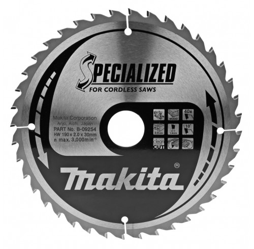 Пила дискова 190*30мм*40Т по дереву для акум. пил SPECIALIZED MAKITA (B-09254)