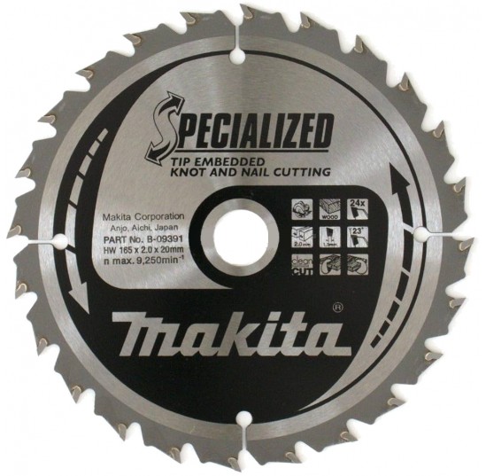 Пила дискова 165*20мм*24Т по дереву з цвяхами SPECIALIZED MAKITA (B-09391)