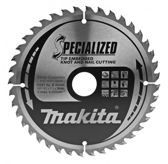 Пила дискова 185*30мм*40Т по дереву з цвяхами SPECIALIZED MAKITA (B-09494)